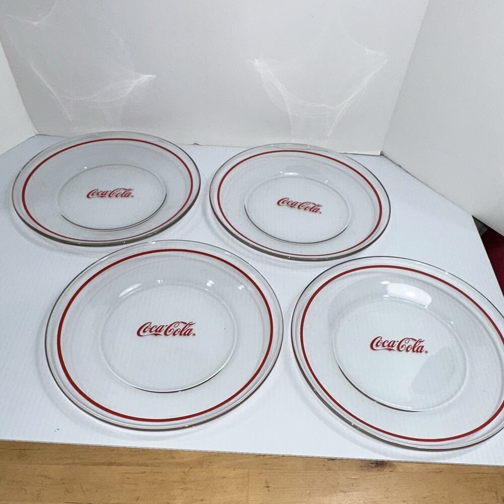 Coca-Cola Set of 4 Clear Glass Plates w/ Red Rim Logo, 10 inch